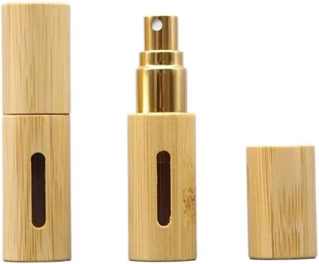 Mini butelki podróżne na perfumy, atomizer do perfum 2 szt. Butelka z rozpylaczem z pokrywką 5 ml 10 ml Pusta butelka z drewna bambusowego do wielokrotnego napełniania Pojemnik podróżny Atomizer do pe
