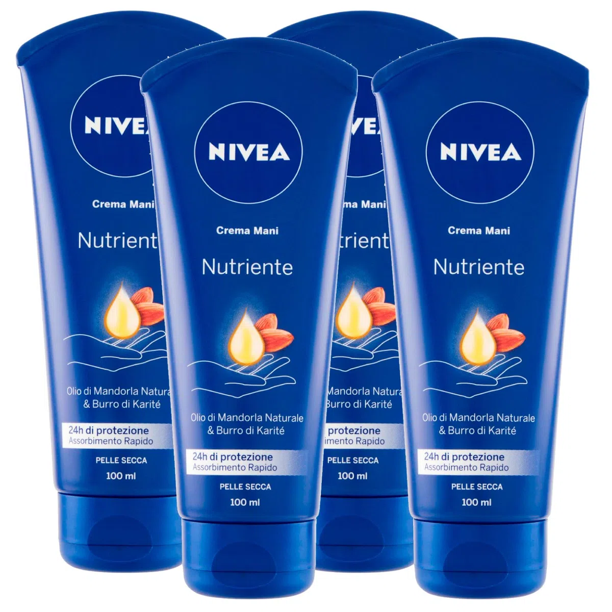 Nivea Nawilżający krem do rąk z olejkiem migdałowym i masłem karite do suchej skóry, szybkie wchłanianie – 4 butelki po 100 ml